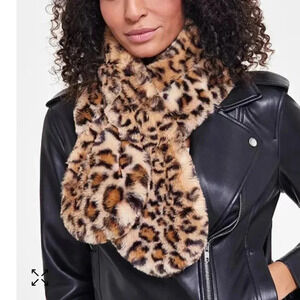 I.N.C Pull-Through Faux -Fur Scarf Leopard Print Black And Brown Soft Cozy